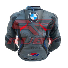 Back view of the BMW Motorrad Racing Motorcycle Jacket. The gray leather jacket features a large BMW logo centered at the upper back, with red and blue accents, along with the 'BMW Motorrad' branding and SBK logo near the waist. Designed for motorcycle riders, offering a stylish and protective fit.