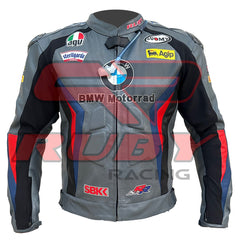 Front view of the BMW Motorrad Racing Motorcycle Jacket in gray with black, blue, and red detailing. The jacket displays prominent sponsor logos and is crafted from premium leather, ideal for motorbike riders seeking style and protection