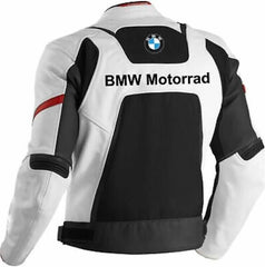 Back View of BMW Motorrad Motorbike Leather Jacket - White leather jacket with black accents and red piping, featuring the iconic BMW logo and "BMW Motorrad" text prominently displayed on the back.