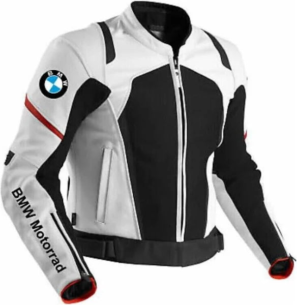 Front View of BMW Motorrad Motorbike Leather Jacket - White leather jacket with black accents and red piping, featuring the iconic BMW logo on the chest and "BMW Motorrad" written on the sleeve.