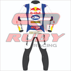 Back view of Brad Binder's 2024 KTM MotoGP race suit for British GP, featuring Red Bull, KTM, and Michelin branding. White and blue design with sponsor logos for professional performance