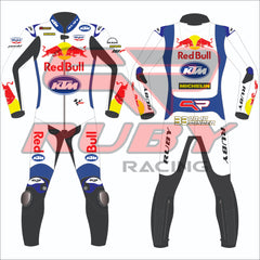 Front and back views of Brad Binder's 2024 KTM MotoGP race suit for British GP. White, blue, and red suit with Red Bull, KTM, and Michelin logos. High-performance motorcycle suit for race enthusiasts