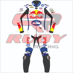 Front view of Brad Binder's official 2024 KTM MotoGP race suit for British GP. Features Red Bull, KTM, and Michelin sponsor logos in a sleek white and blue design