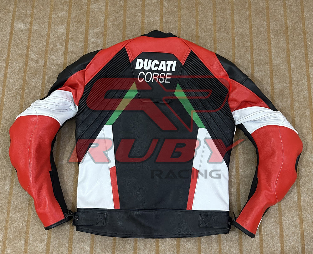 Back view of the Ducati Corse C3 Leather Motorbike Jacket in black, red, and white with green accents. Features 'Ducati Corse' branding on the upper back, with reinforced stitching and ergonomic design for comfort and protection.