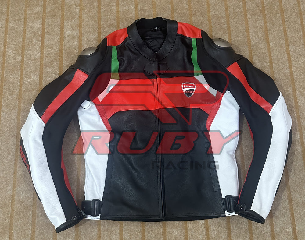 Front view of the Ducati Corse C3 Leather Motorbike Jacket in black, red, and white with green accents. The jacket prominently displays the Ducati Corse logo on the chest and is crafted from premium leather, offering a stylish and protective design for motorcycle enthusiasts