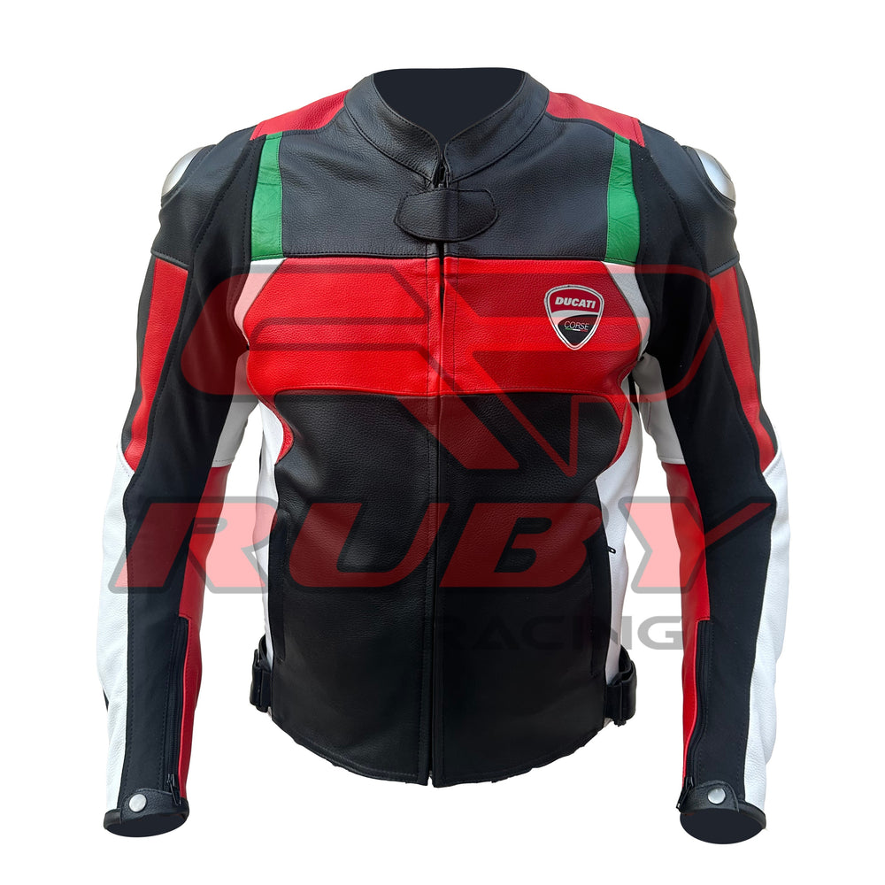 Front view of the Ducati Corse C3 Leather Motorbike Jacket in black, red, and white with green accents. The jacket prominently displays the Ducati Corse logo on the chest and is crafted from premium leather, offering a stylish and protective design for motorcycle enthusiasts
