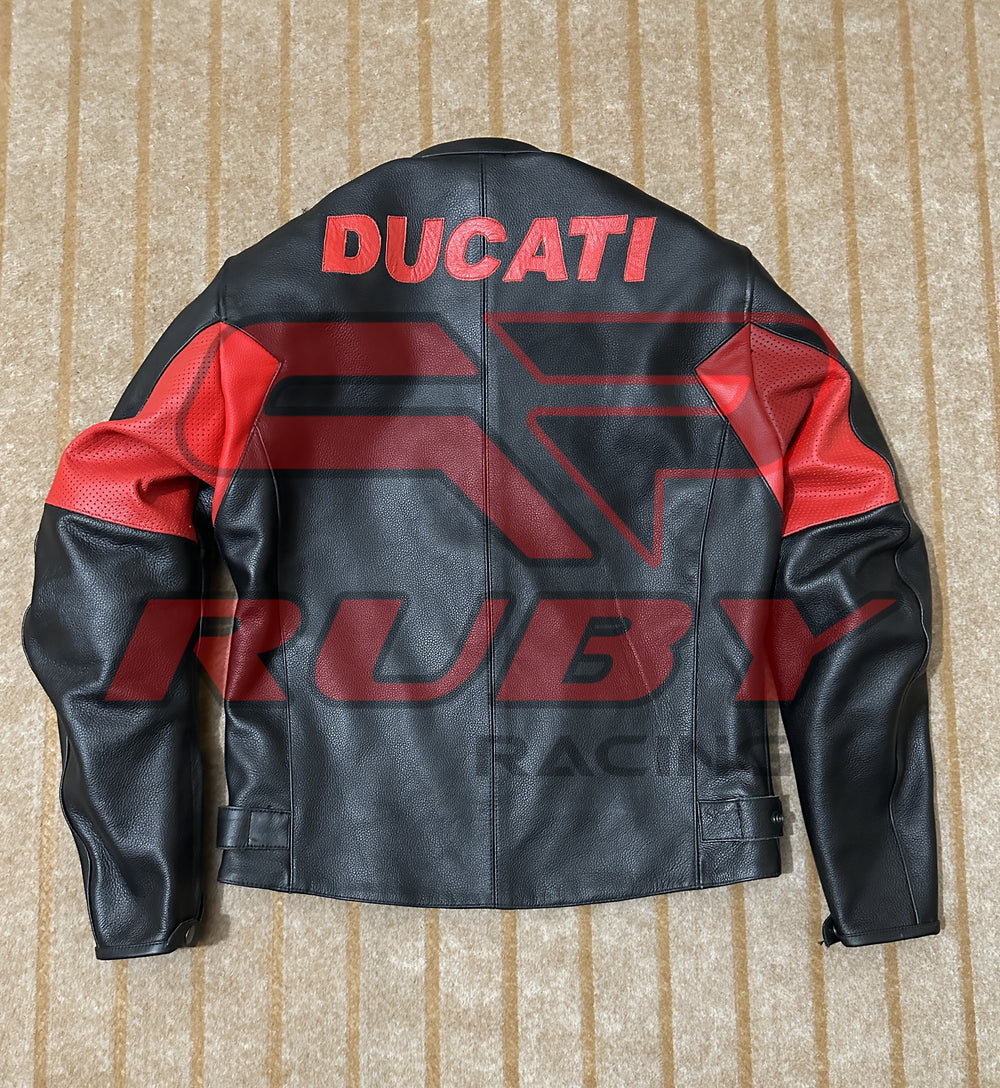 Back View of Ducati C4 Motorcycle Leather Jacket – Black and Red Design Featuring Ducati Logo, Premium Perforated Leather, and Stylish Fit for Riders