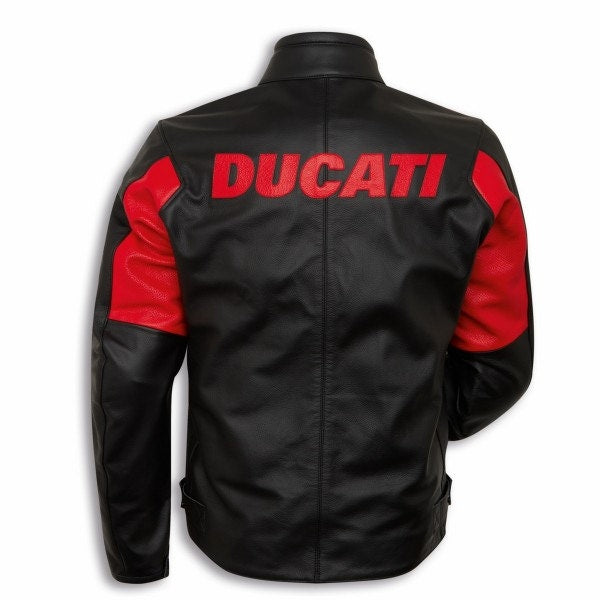 Back View of Ducati C4 Motorcycle Leather Jacket – Black and Red Design Featuring Ducati Logo, Premium Perforated Leather, and Stylish Fit for Riders