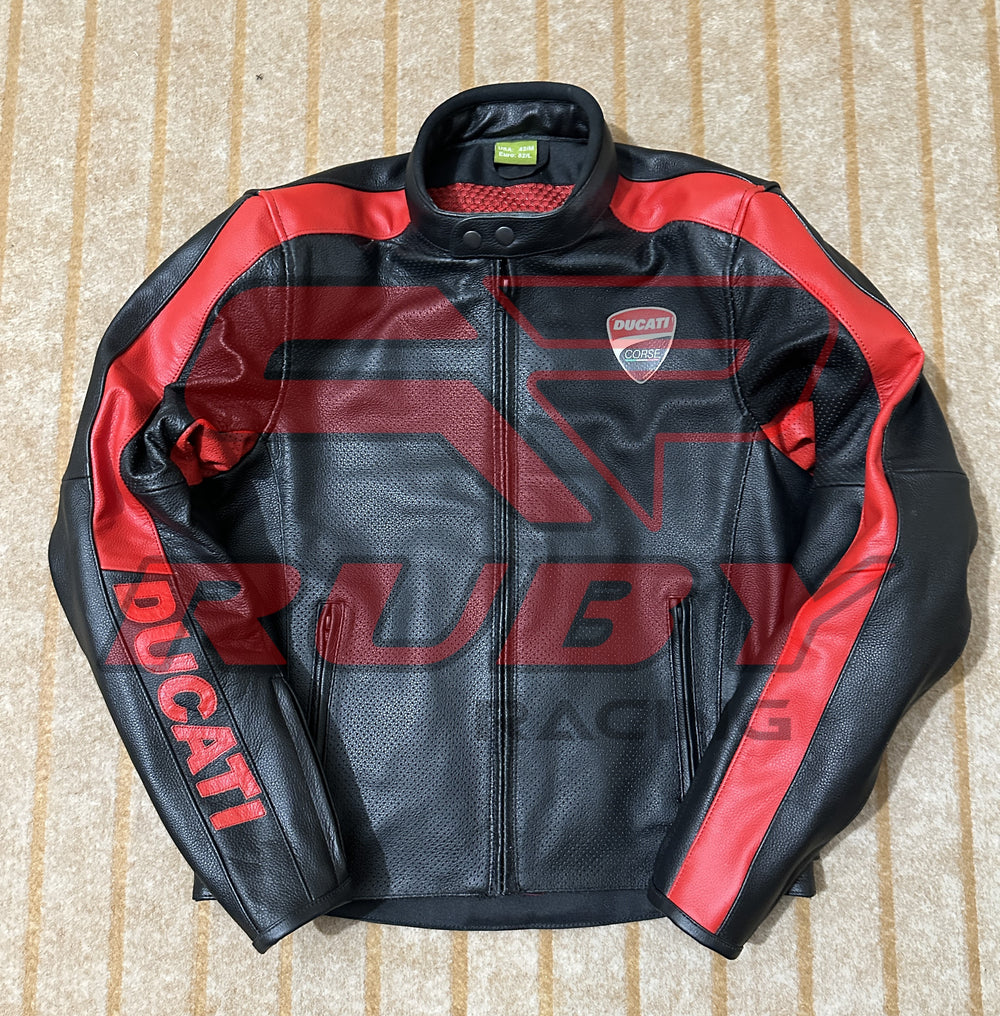 Front View of Ducati C4 Motorcycle Leather Jacket – Black and Red Design Featuring Ducati Logo, Premium Perforated Leather, and Stylish Fit for Riders
