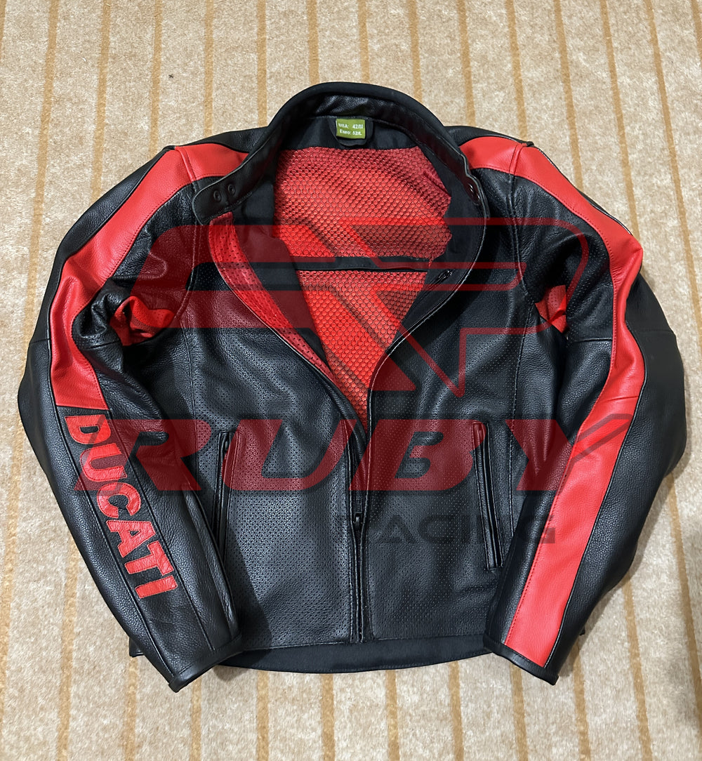 Front View of Ducati C4 Motorcycle Leather Jacket – Black and Red Design Featuring Ducati Logo, Premium Perforated Leather, and Stylish Fit for Riders