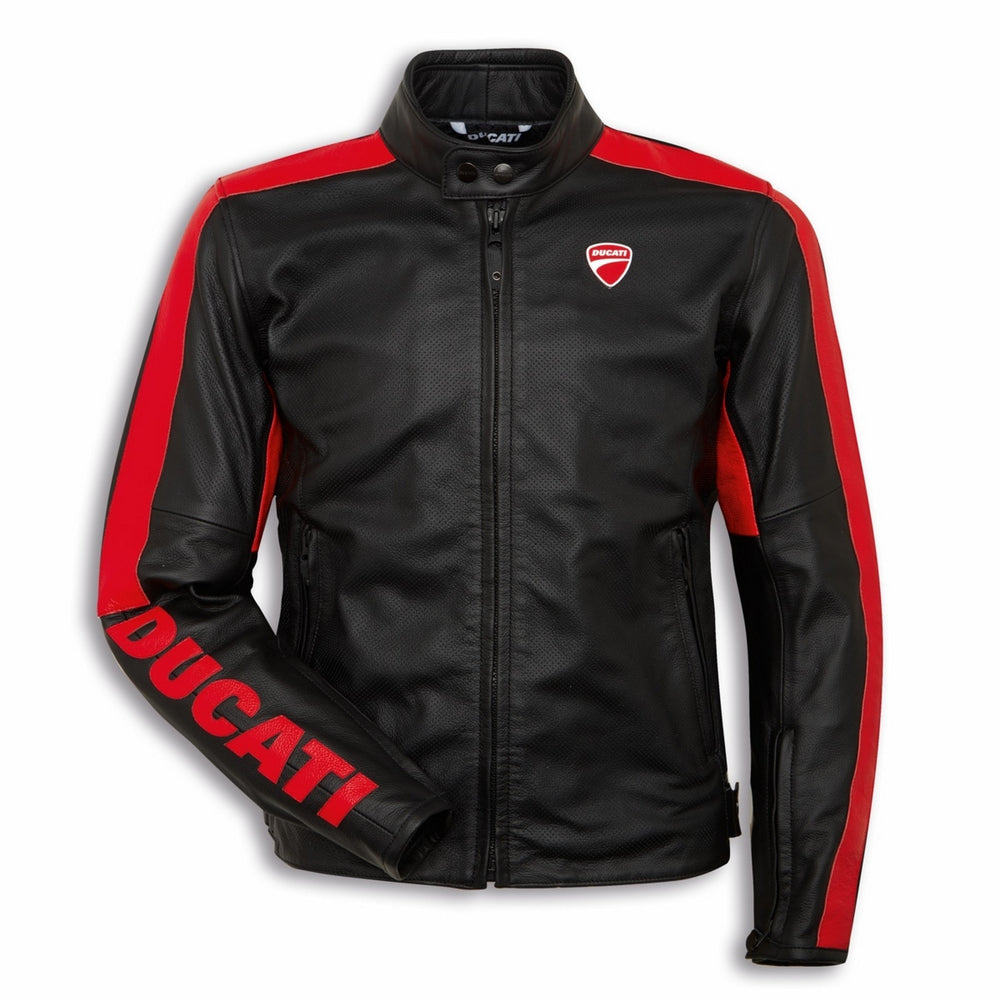 Front View of Ducati C4 Motorcycle Leather Jacket – Black and Red Design Featuring Ducati Logo, Premium Perforated Leather, and Stylish Fit for Riders