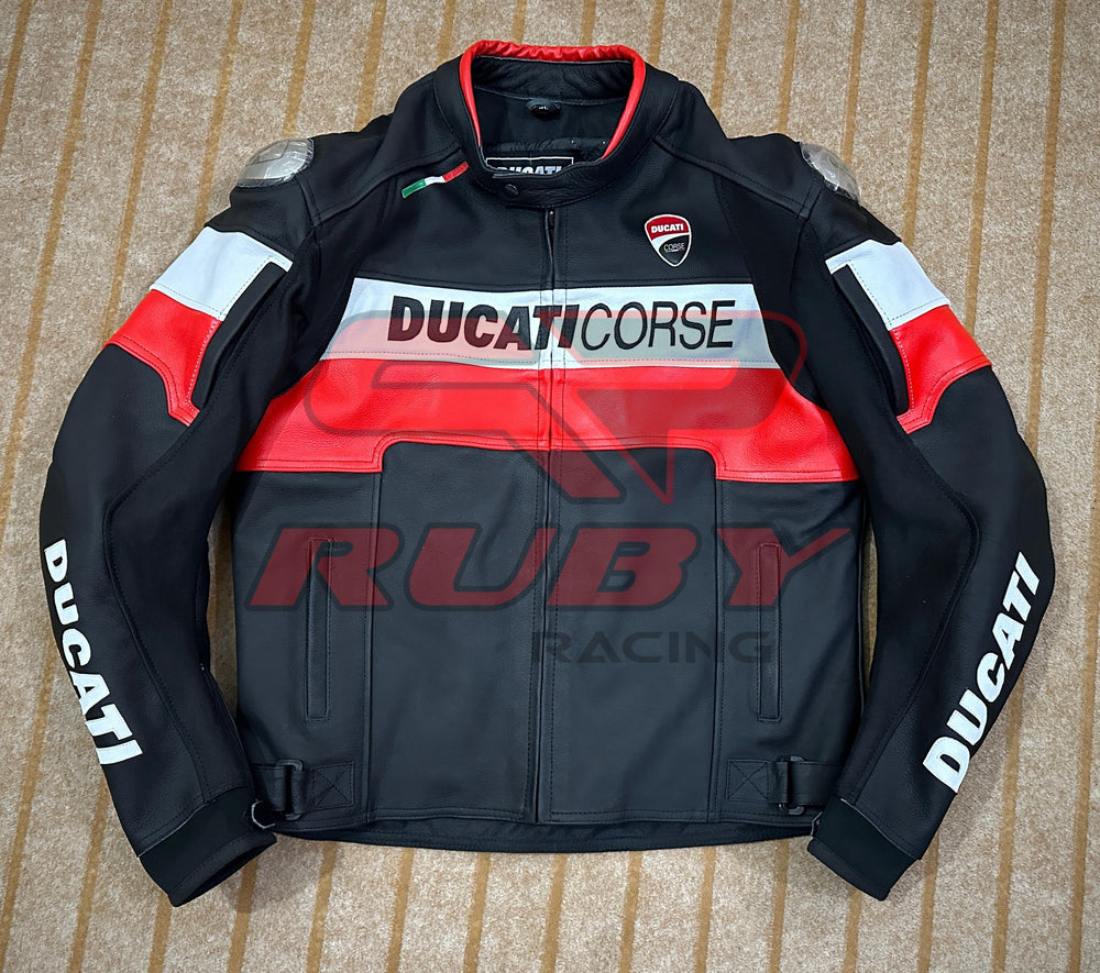 Front view of the Ducati Corse C5 Men's Motorcycle Leather Jacket in black with red and white accents. Features prominent 'Ducati Corse' branding on the chest and 'Ducati' on the sleeves. Crafted from premium leather, designed for both style and rider protection.