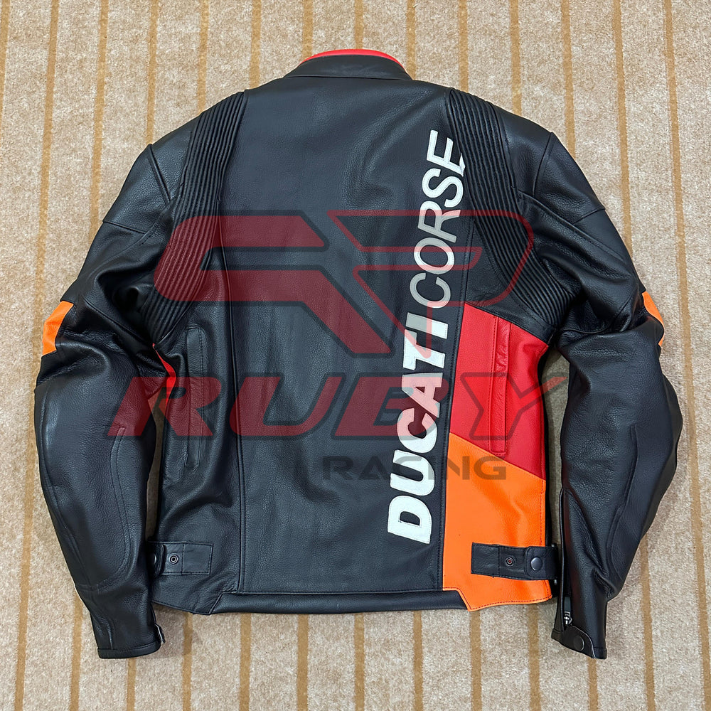 Back view of a Ducati Corse C6 motorbike jacket in black, red, and orange leather, featuring bold 'Ducati Corse' branding. The jacket includes accordion-style stretch panels for improved mobility and comfort, designed for performance and style during rides.