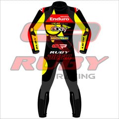 Rear view of the 2024 Fabio Di Giannantonio VR46 Pertamina Enduro racing suit for the British GP, featuring bold yellow and black colors with prominent branding from sponsors such as Enduro, eBay, and Michelin, along with personalized 'Diggia' text and Ruby Racing logos