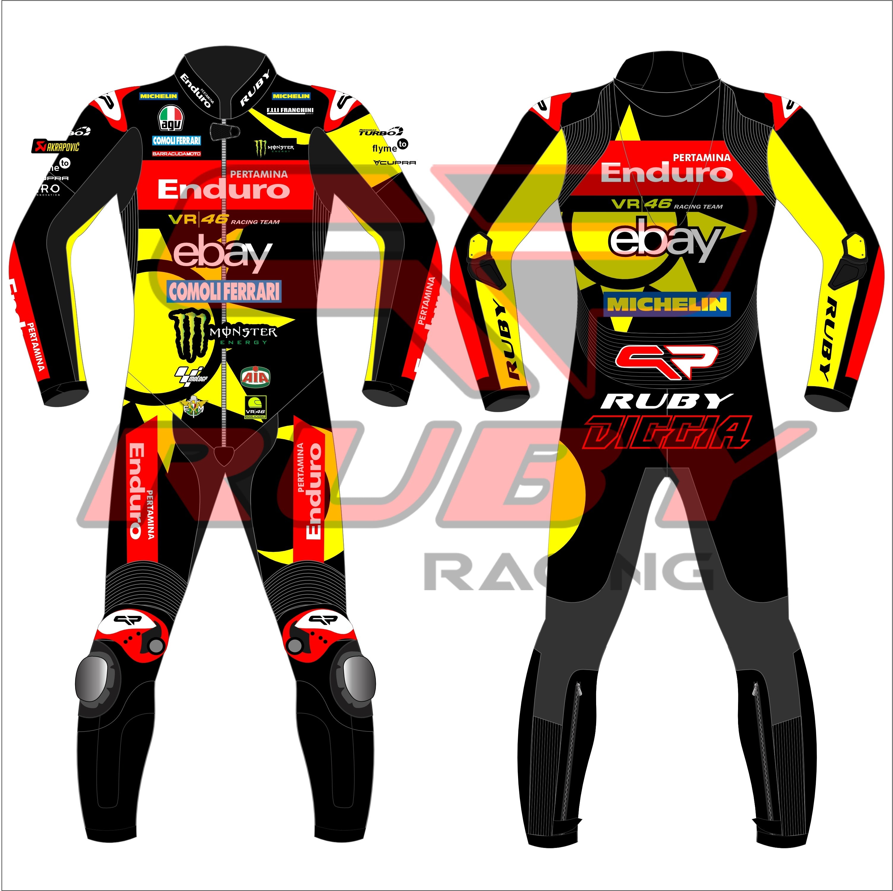 Front and rear view of the 2024 Fabio Di Giannantonio VR46 Pertamina Enduro racing suit for the British GP, featuring vibrant yellow and black design, sponsor logos, and Ruby branding.