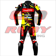 Front view of the 2024 Fabio Di Giannantonio VR46 Pertamina Enduro racing suit for the British GP, showcasing the striking yellow and black color scheme, along with prominent sponsor logos including Enduro, eBay, and Monster Energy