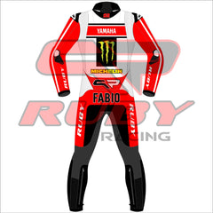 Back view of Fabio Quartararo 2024 British GP Yamaha Race Suit featuring red, black, and white design with Yamaha and Monster Energy branding, along with other sponsor logos. High-quality racing gear for motorcycle enthusiasts