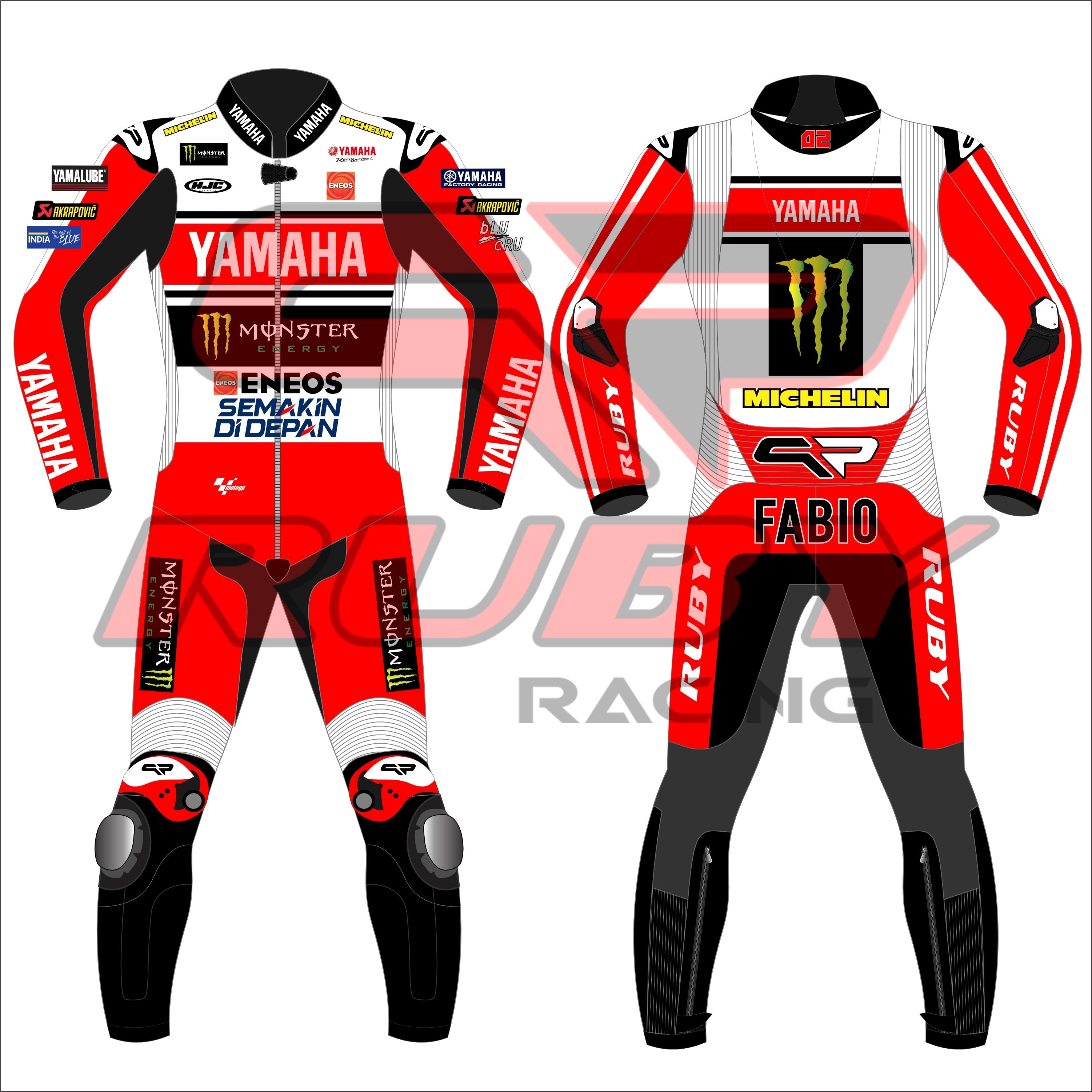 Fabio Quartararo 2024 British GP Yamaha Race Suit in red, black, and white with Yamaha and Monster Energy branding, featuring detailed sponsor logos and professional race fit. Front and back views displayed.