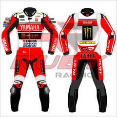 Fabio Quartararo 2024 British GP Yamaha Race Suit in red, black, and white with Yamaha and Monster Energy branding, featuring detailed sponsor logos and professional race fit. Front and back views displayed.