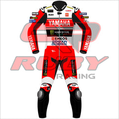 Front view of Fabio Quartararo 2024 British GP Yamaha Race Suit featuring red, black, and white design with Yamaha and Monster Energy branding, along with other sponsor logos. High-quality racing gear for motorcycle enthusiasts