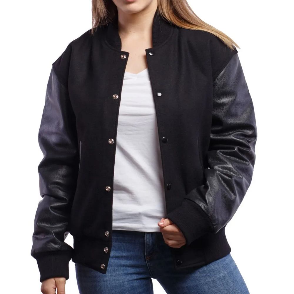 Women Black Varsity Jacket Front View