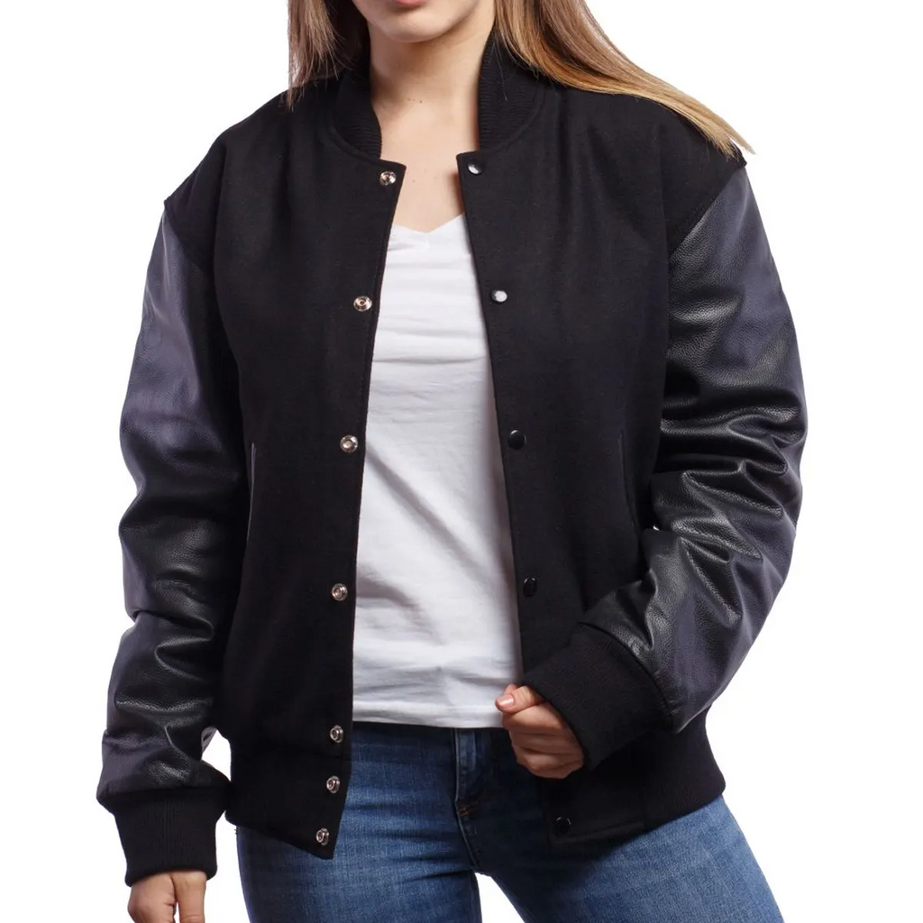 Women's Varsity Jacket Baseball Letterman Bomber School of Royal Blue Wool  and Genuine White Leather Sleeves at  Women's Coats Shop