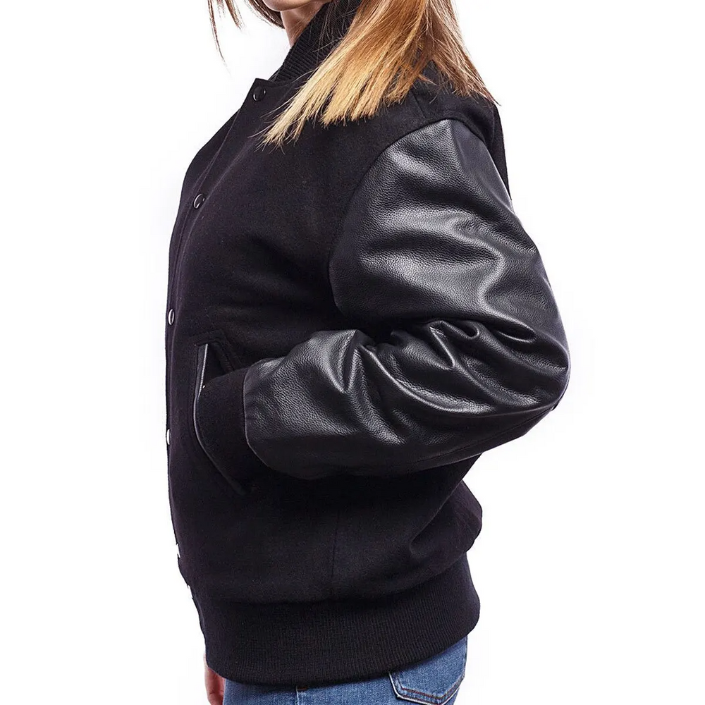 Women Black Varsity Jacket Left View