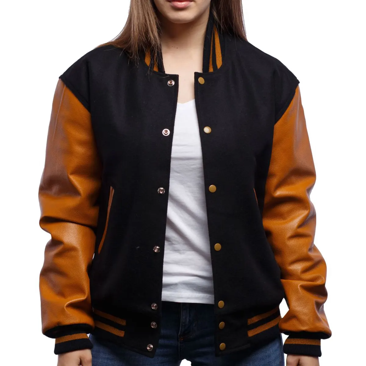 Women Black Orange Varsity Jacket 