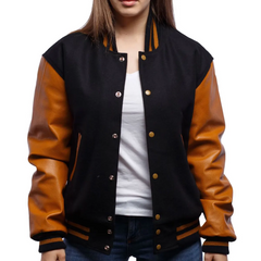 Women Black Orange Varsity Jacket 