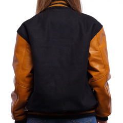 Women Black Orange Varsity Jacket Back