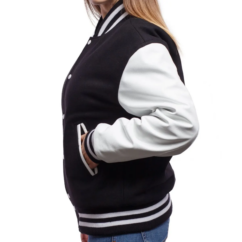 Women Black White Varsity Jacket Left View