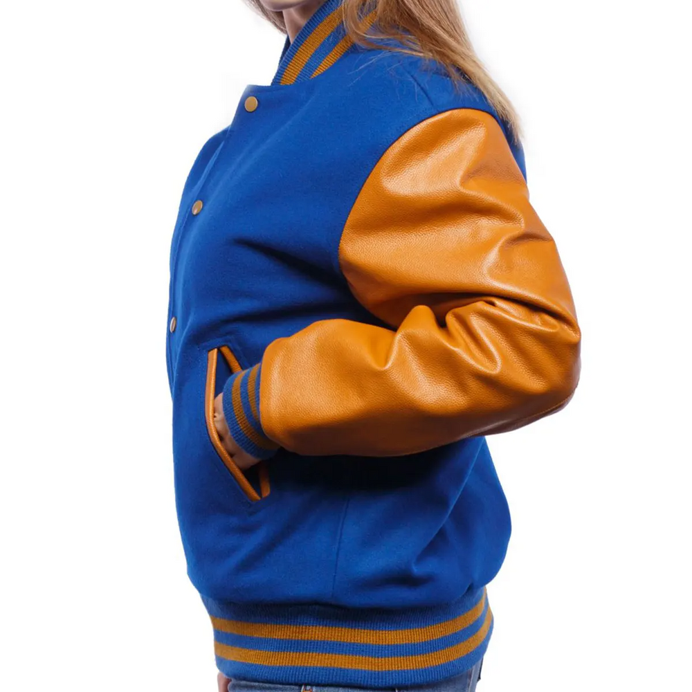 Women Blue Brown Varsity Jacket Left View-2