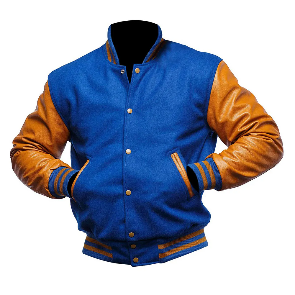 Women Blue Brown Varsity Jacket Front View-2