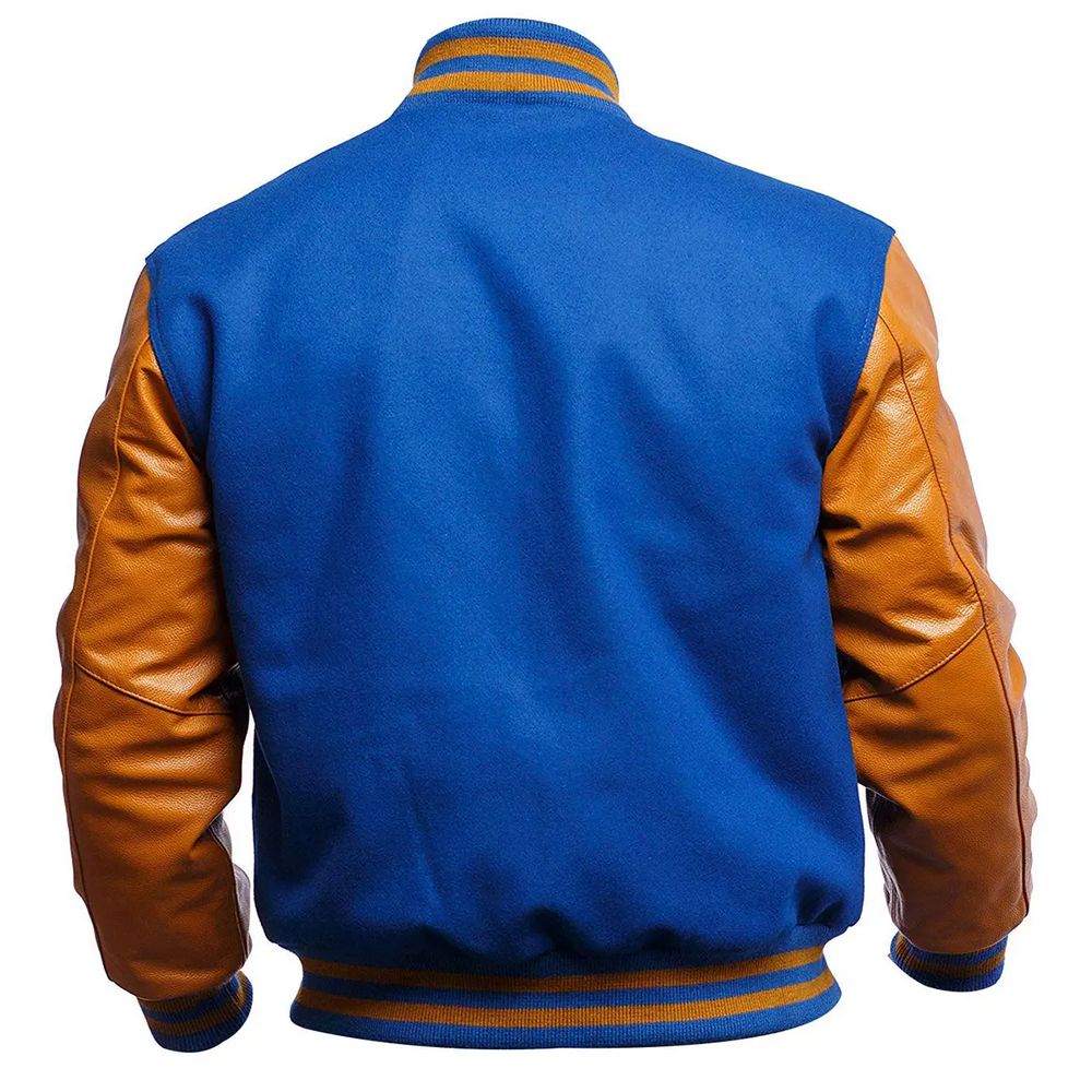 Women Blue Brown Varsity Jacket Back View