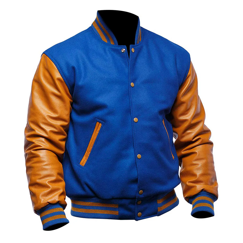 Women Blue Brown Varsity Jacket Front View-4