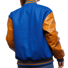 Women Blue Brown Varsity Jacket Back