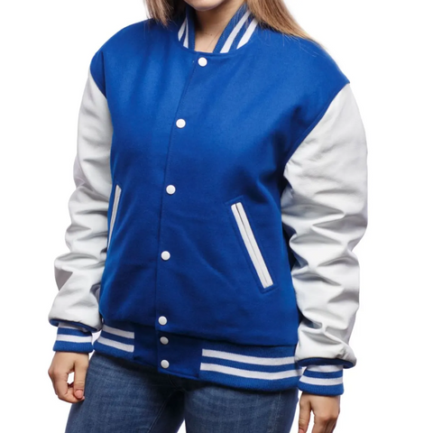 Navy Blue Letterman Jacket with White Leather Sleeves