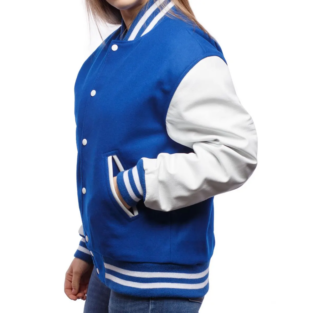 Women Blue White Varsity Jacket Left View