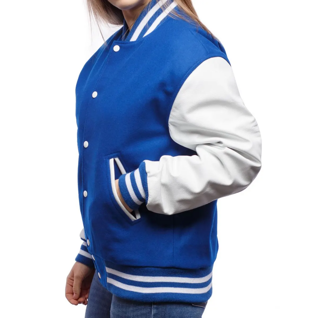 Navy Blue Wool Varsity Jacket With White Leather Sleeves