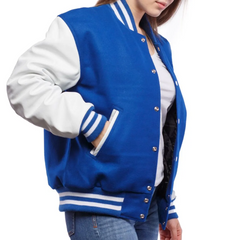 Women Blue White Varsity Jacket Right View