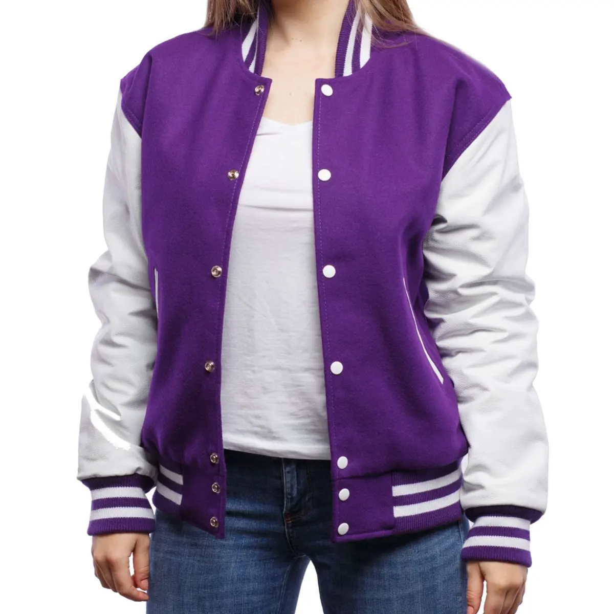 Women Purple White Varsity Jacket Front View