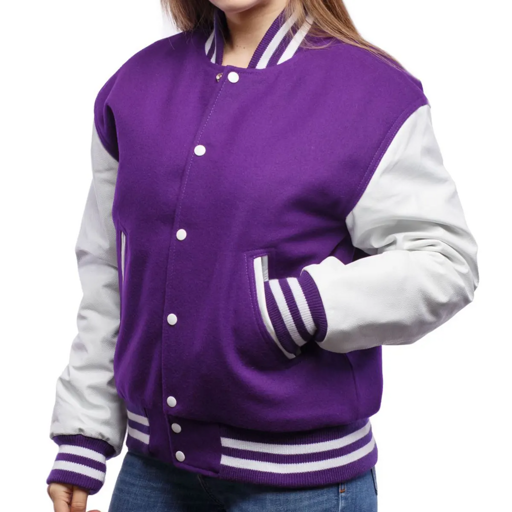Purple Wool Letterman Bomber Varsity Jacket with Real White Leather Sleeves