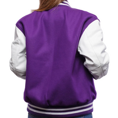 Women Purple White Varsity Jacket Back View