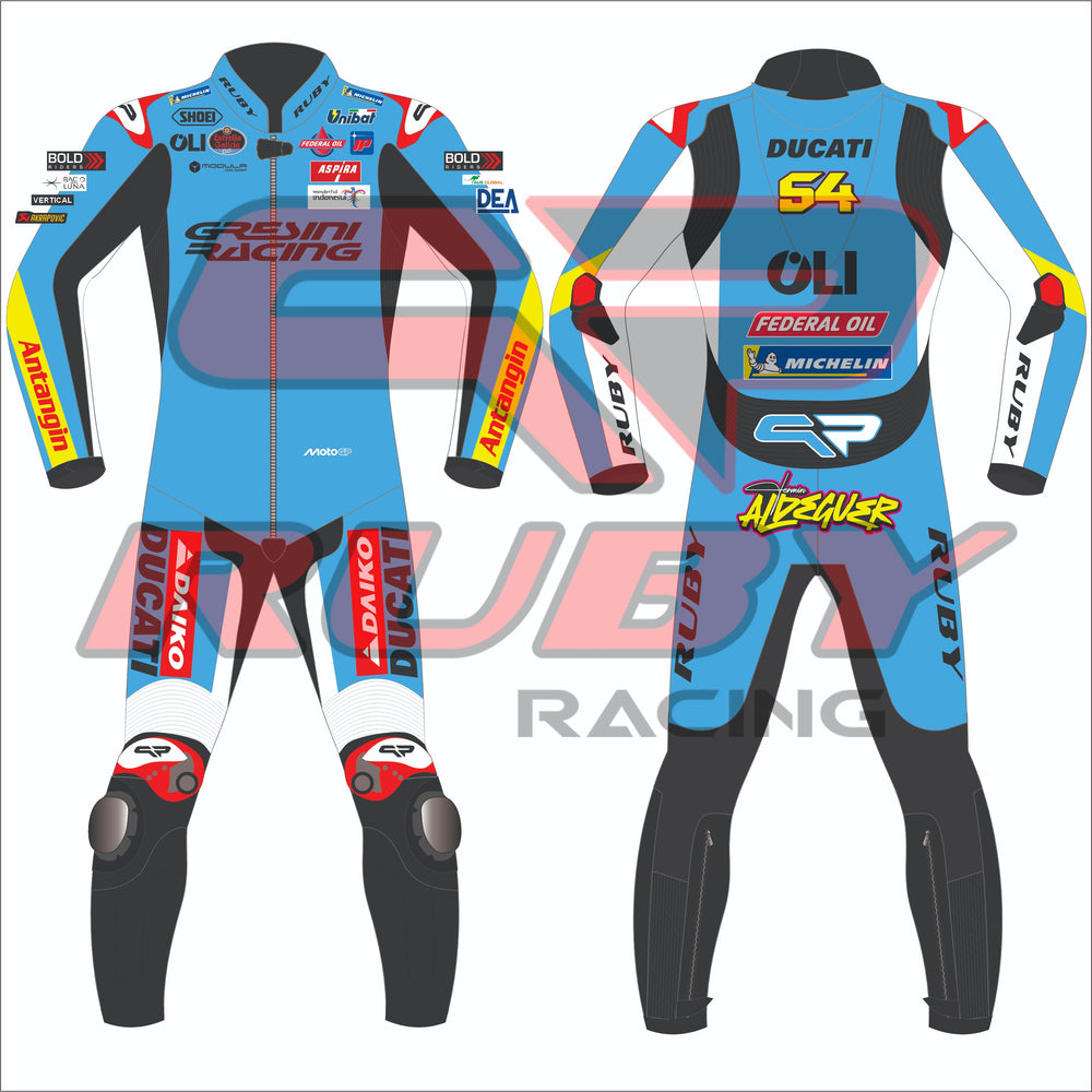 Front and back view of a blue, white, and black motorcycle racing suit featuring sponsor logos such as Gresini Racing, Ducati, Daiko, OLI, Federal Oil, Michelin, Antangin, Bold, and Ruby. The suit also displays the number 54 on the back and includes protective features like knee sliders and shoulder/elbow/knee armor indicated by visible padding.