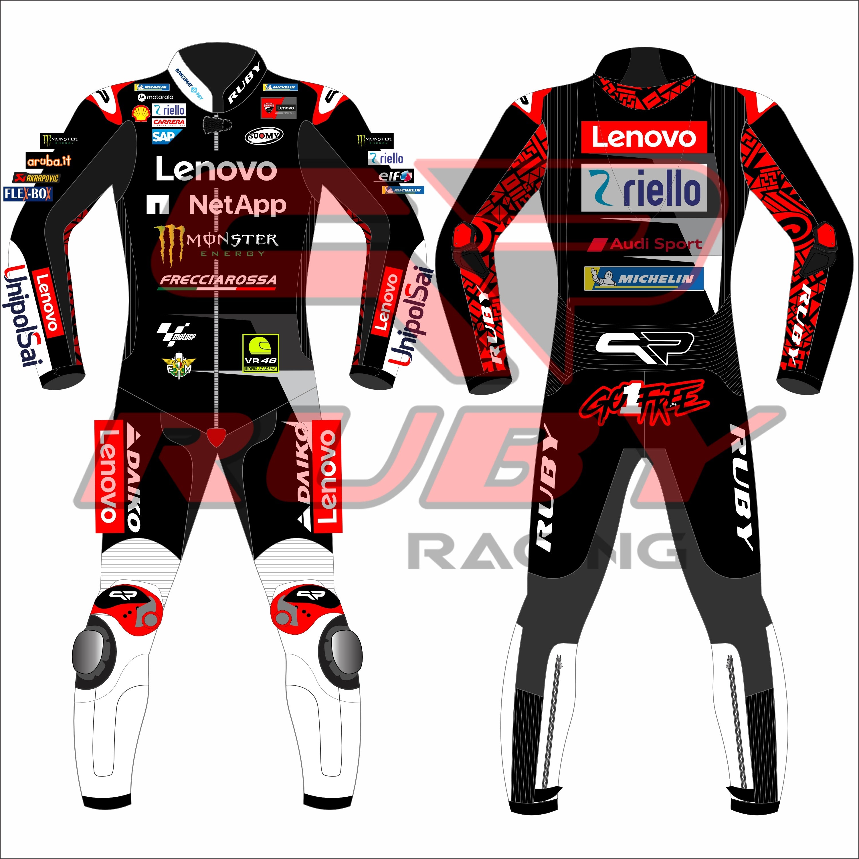 Francesco Bagnaia Ducati Motorcycle Riding Suit BritishGP 2024. The suit is predominantly black with red and white accents, featuring sponsor logos such as Lenovo, NetApp, Monster Energy, and Riello. The front view shows the suit with a central zipper, while the back view displays prominent branding at the top. Matching gloves and boots in white with red detailing complete the ensemble