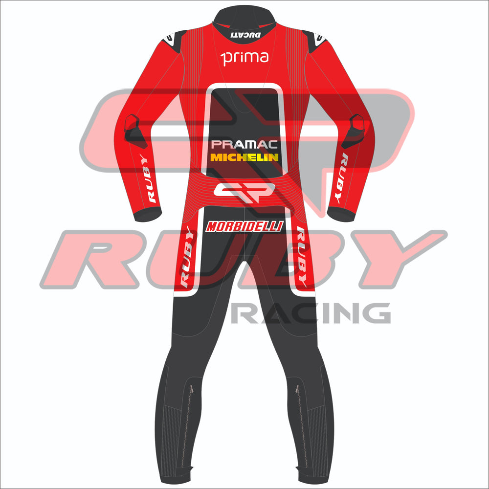 Back view of Franco Morbidelli's 2024 Pramac Race Suit for the British GP. The suit is red with black and white accents, featuring 'PRIMA' branding at the top and a large black panel with 'PRAMAC' and 'MICHELIN' logos in the center. The lower back showcases the 'MORBIDELLI' logo in Red. The arms have 'RUBY' branding in bold white letters, and protective padding is integrated at the elbows. The legs have black panels and additional padding for safety