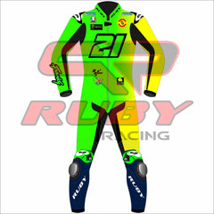 A full-length image of a custom-made MotoGP racing suit designed for Franco Morbidelli. The suit is predominantly black with yellow and green accents, featuring his name "Franky" and race number "21" prominently displayed. It also includes sponsor logos like Michelin and Ruby Racing.