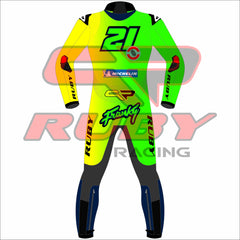 A custom-designed MotoGP racing suit for Franco Morbidelli, showcasing a striking black, yellow, and green color scheme. The suit features personalized details like "Franky" and his racing number "21," along with sponsor logos.