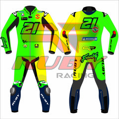 A high-performance MotoGP racing suit designed for Franco Morbidelli. The suit showcases a striking color combination of black, yellow, and green. It features his name "Franky" and race number "21" prominently displayed, along with sponsor logos like Michelin and Ruby Racing.