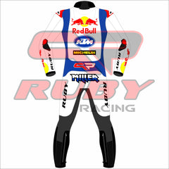 A detailed back view of the Jack Miller Red Bull KTM 2024 race suit for the British Grand Prix, featuring sponsor logos from Red Bull, KTM, and Michelin with a sleek, aerodynamic design